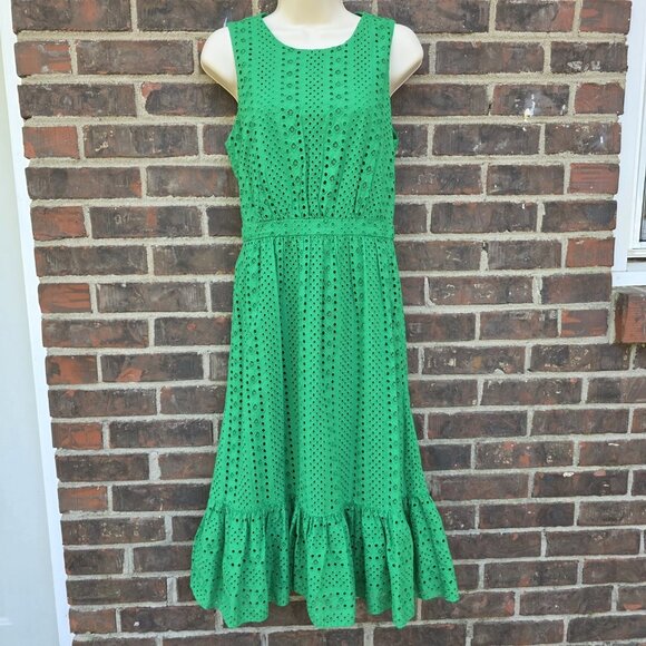 J. Crew Size 0 Eyelet Embroidered Midi Tiered Kelly Green Dress Classic Party - Picture 1 of 5